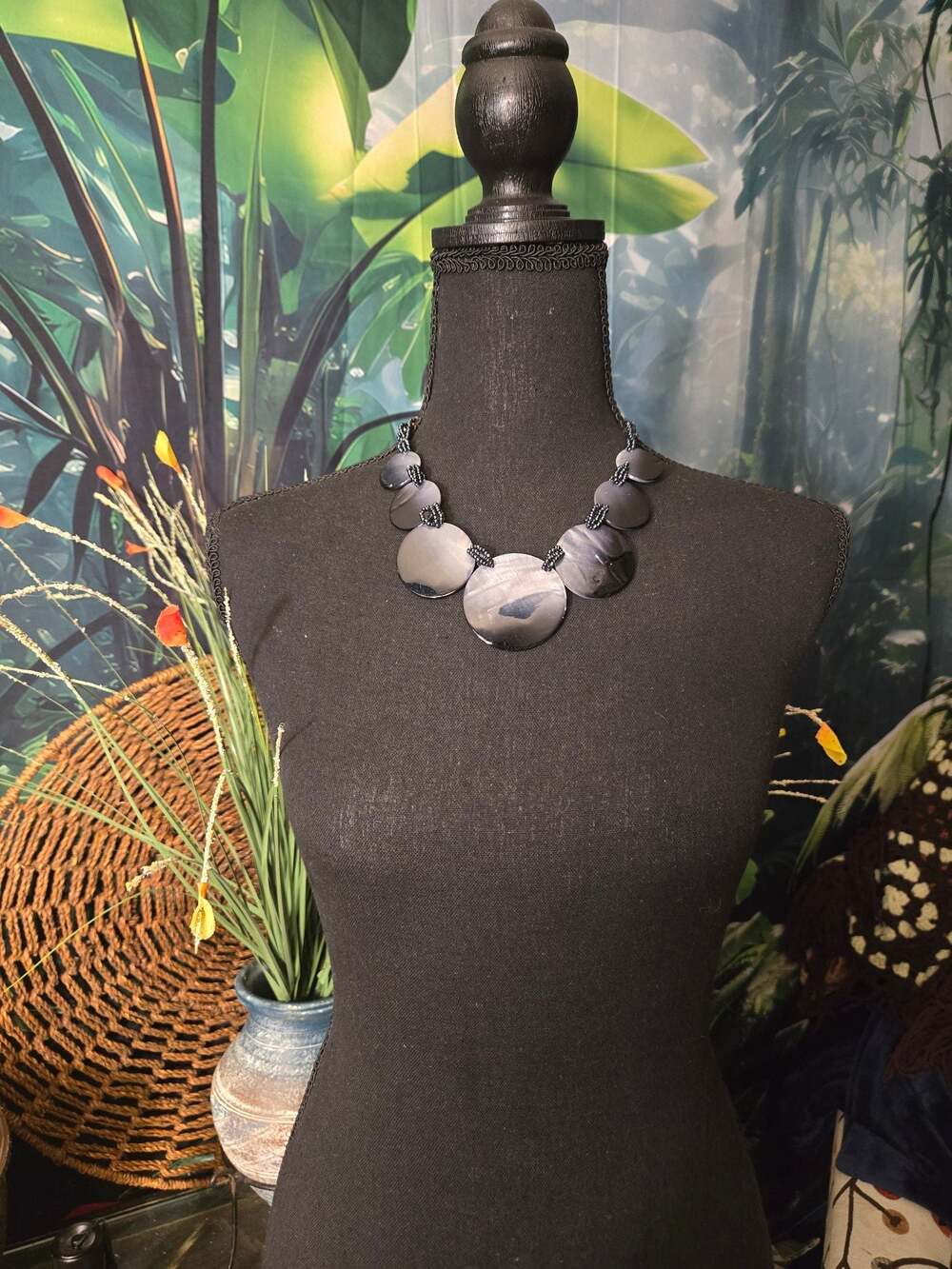 Statement Necklace with Brushed Gray Disc Dangles